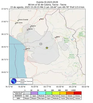 Mapa de aceleración teórica del sismo de magnitud 4.3 a 66 km al SE de Calana, Tacna - Tacna, Perú