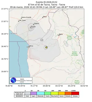 Mapa de aceleración teórica del sismo de magnitud 4.3 a 67 km al SE de Tacna, Tacna - Tacna, Perú