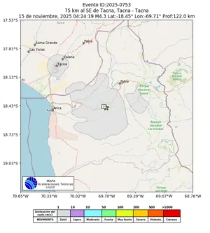 Mapa de aceleración teórica del sismo de magnitud 4.3 a 75 km al SE de Tacna, Tacna - Tacna, Perú