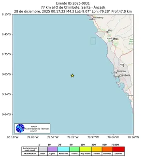 Mapa de aceleración teórica del sismo de magnitud 4.3 a 77 km al O de Chimbote, Santa - Áncash, Perú