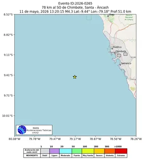 Mapa de aceleración teórica del sismo de magnitud 4.3 a 78 km al SO de Chimbote, Santa - Áncash, Perú
