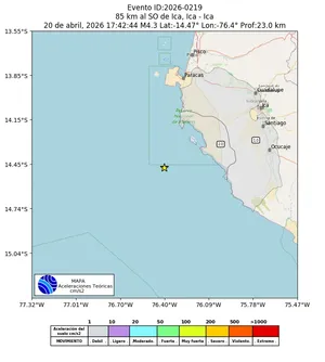 Mapa de aceleración teórica del sismo de magnitud 4.3 a 85 km al SO de Ica, Ica - Ica, Perú