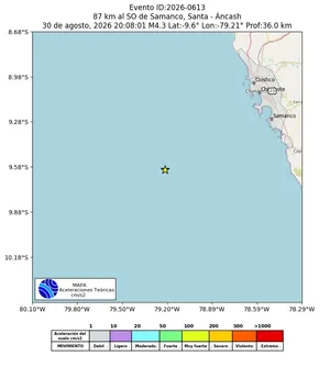 Mapa de aceleración teórica del sismo de magnitud 4.3 a 87 km al SO de Samanco, Santa - Áncash, Perú