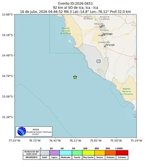 Mapa de aceleración teórica del sismo de magnitud 4.3 a 92 km al SO de Ica, Ica - Ica, Perú