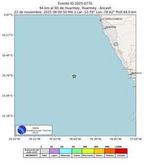 Mapa de aceleración teórica del sismo de magnitud 4.3 a 94 km al SO de Huarmey, Huarmey - Áncash, Perú