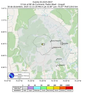 Mapa de aceleración teórica del sismo de magnitud 4.4 a 13 km al NE de Curimaná, Padre Abad - Ucayali, Perú
