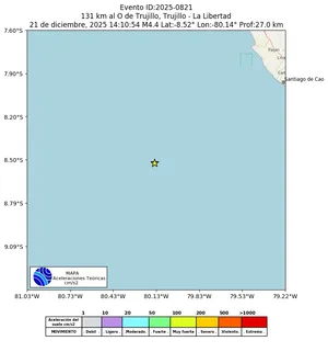Mapa de aceleración teórica del sismo de magnitud 4.4 a 131 km al O de Trujillo, Trujillo - La Libertad, Perú