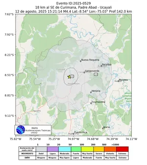 Mapa de aceleración teórica del sismo de magnitud 4.4 a 18 km al SE de Curimana, Padre Abad - Ucayali, Perú