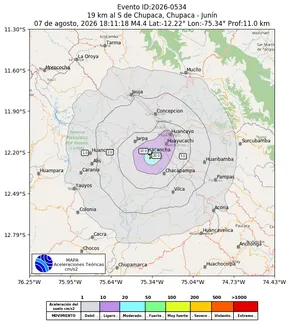 Mapa de aceleración teórica del sismo de magnitud 4.4 a 19 km al S de Chupaca, Chupaca - Junín, Perú