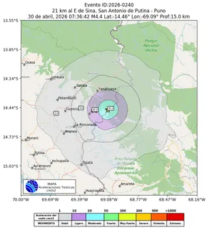 Mapa de aceleración teórica del sismo de magnitud 4.4 a 21 km al E de Sina, San Antonio de Putina - Puno, Perú