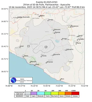 Mapa de aceleración teórica del sismo de magnitud 4.4 a 29 km al SO de Pullo, Parinacochas - Ayacucho, Perú