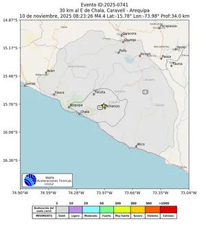 Mapa de aceleración teórica del sismo de magnitud 4.4 a 30 km al E de Chala, Caravelí - Arequipa, Perú