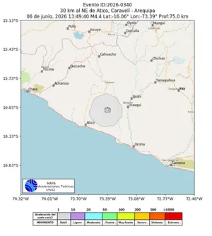 Mapa de aceleración teórica del sismo de magnitud 4.4 a 30 km al NE de Atico, Caravelí - Arequipa, Perú