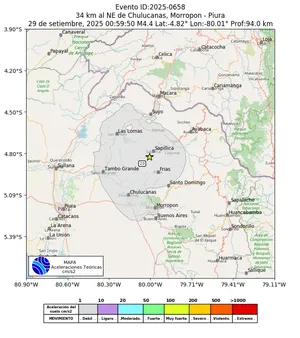 Mapa de aceleración teórica del sismo de magnitud 4.4 a 34 km al NE de Chulucanas, Morropon - Piura, Perú