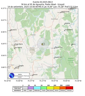 Mapa de aceleración teórica del sismo de magnitud 4.4 a 36 km al SE de Aguaytia, Padre Abad - Ucayali, Perú