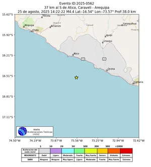 Mapa de aceleración teórica del sismo de magnitud 4.4 a 37 km al S de Atico, Caraveli - Arequipa, Perú