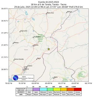 Mapa de aceleración teórica del sismo de magnitud 4.4 a 38 km al E de Tarata, Tarata - Tacna, Perú
