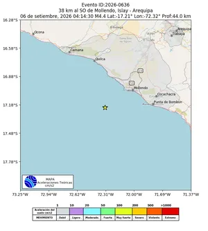 Mapa de aceleración teórica del sismo de magnitud 4.4 a 38 km al SO de Mollendo, Islay - Arequipa, Perú