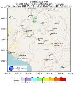 Mapa de aceleración teórica del sismo de magnitud 4.4 a 4 km al SE de Puquina, General Sánchez Cerro - Moquegua, Perú