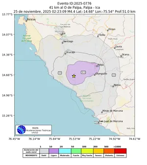 Mapa de aceleración teórica del sismo de magnitud 4.4 a 41 km al O de Palpa, Palpa - Ica, Perú