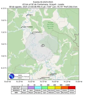 Mapa de aceleración teórica del sismo de magnitud 4.4 a 43 km al SE de Contamana, Ucayali - Loreto, Perú