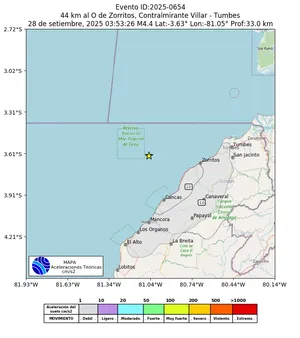 Mapa de aceleración teórica del sismo de magnitud 4.4 a 44 km al O de Zorritos, Contralmirante Villar - Tumbes, Perú