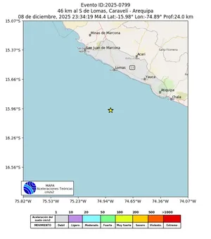Mapa de aceleración teórica del sismo de magnitud 4.4 a 46 km al S de Lomas, Caravelí - Arequipa, Perú