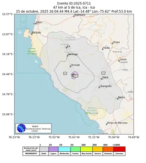 Mapa de aceleración teórica del sismo de magnitud 4.4 a 47 km al S de Ica, Ica - Ica, Perú