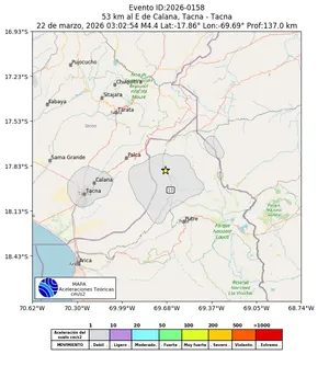 Mapa de aceleración teórica del sismo de magnitud 4.4 a 53 km al E de Calana, Tacna - Tacna, Perú