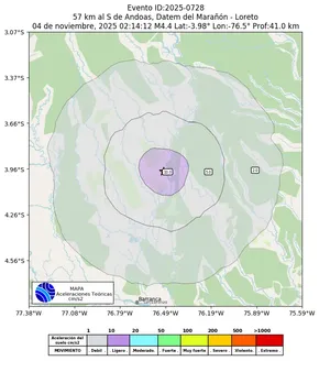 Mapa de aceleración teórica del sismo de magnitud 4.4 a 57 km al S de Andoas, Datem del Marañón - Loreto, Perú