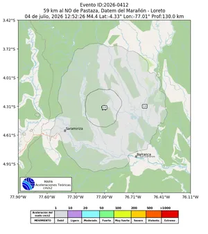 Mapa de aceleración teórica del sismo de magnitud 4.4 a 59 km al NO de Pastaza, Datem del Marañón - Loreto, Perú