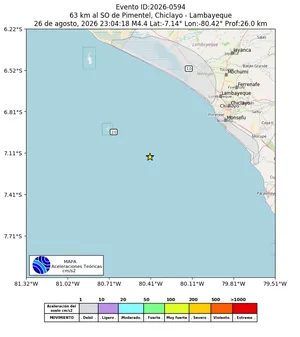 Mapa de aceleración teórica del sismo de magnitud 4.4 a 63 km al SO de Pimentel, Chiclayo - Lambayeque, Perú