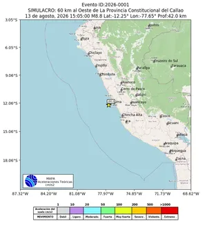 Mapa de aceleración teórica del sismo de magnitud 4.4 a 70 km al O de San Juan, Nasca - Ica, Perú