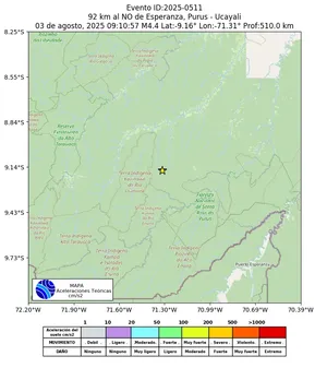Mapa de aceleración teórica del sismo de magnitud 4.4 a 92 km al NO de Esperanza, Purus - Ucayali, Perú