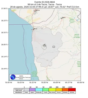 Mapa de aceleración teórica del sismo de magnitud 4.4 a 99 km al S de Tacna, Tacna - Tacna, Perú