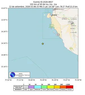 Mapa de aceleración teórica del sismo de magnitud 4.5 a 101 km al SO de Ica, Ica - Ica, Perú