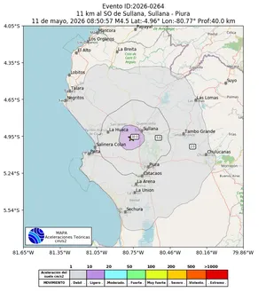 Mapa de aceleración teórica del sismo de magnitud 4.5 a 11 km al SO de Sullana, Sullana - Piura, Perú