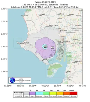 Mapa de aceleración teórica del sismo de magnitud 4.5 a 132 km al N de Zarumilla, Zarumilla - Tumbes, Perú