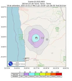 Mapa de aceleración teórica del sismo de magnitud 4.5 a 183 km al S de Tacna, Tacna - Tacna, Perú