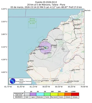 Mapa de aceleración teórica del sismo de magnitud 4.5 a 20 km al E de Máncora, Talara - Piura, Perú