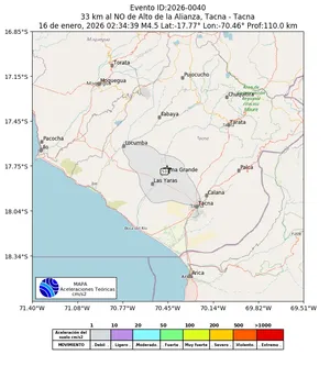 Mapa de aceleración teórica del sismo de magnitud 4.5 a 33 km al NO de Alto de la Alianza, Tacna - Tacna, Perú
