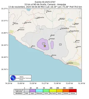 Mapa de aceleración teórica del sismo de magnitud 4.5 a 33 km al NO de Ocoña, Camaná - Arequipa, Perú