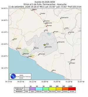 Mapa de aceleración teórica del sismo de magnitud 4.5 a 39 km al S de Pullo, Parinacochas - Ayacucho, Perú