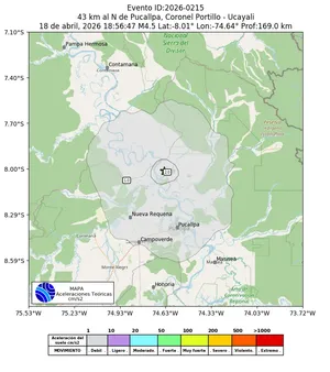 Mapa de aceleración teórica del sismo de magnitud 4.5 a 43 km al N de Pucallpa, Coronel Portillo - Ucayali, Perú