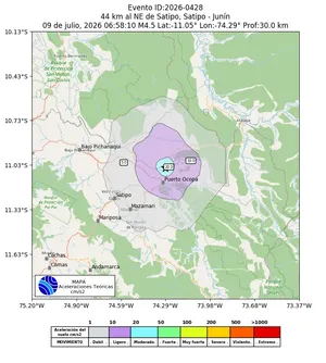 Mapa de aceleración teórica del sismo de magnitud 4.5 a 44 km al NE de Satipo, Satipo - Junín, Perú