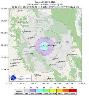 Mapa de aceleración teórica del sismo de magnitud 4.5 a 45 km al NO de Satipo, Satipo - Junín, Perú