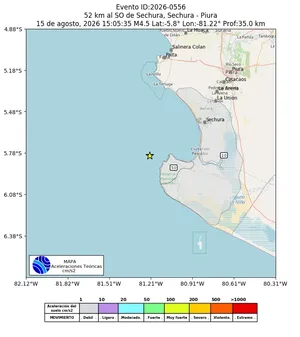 Mapa de aceleración teórica del sismo de magnitud 4.5 a 52 km al SO de Sechura, Sechura - Piura, Perú