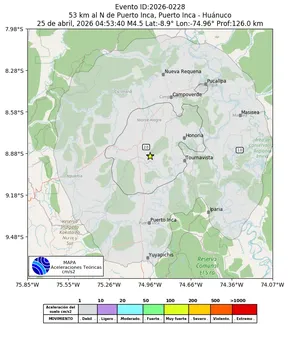 Mapa de aceleración teórica del sismo de magnitud 4.5 a 53 km al N de Puerto Inca, Puerto Inca - Huánuco, Perú