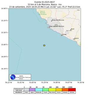 Mapa de aceleración teórica del sismo de magnitud 4.5 a 53 km al S de Marcona, Nazca - Ica, Perú