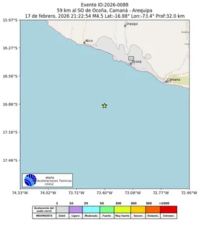 Mapa de aceleración teórica del sismo de magnitud 4.5 a 59 km al SO de Ocoña, Camaná - Arequipa, Perú